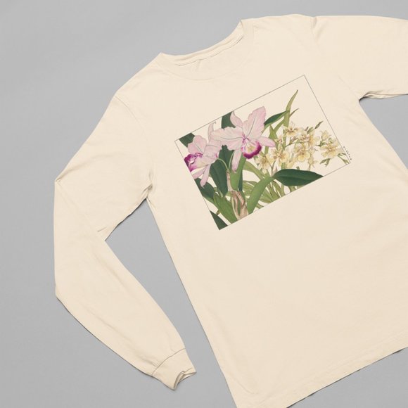 Japanese Orchid Flowers Ukyio-e Print Long Sleeve Graphic Tee T-shirt S M L XL - Picture 2 of 6